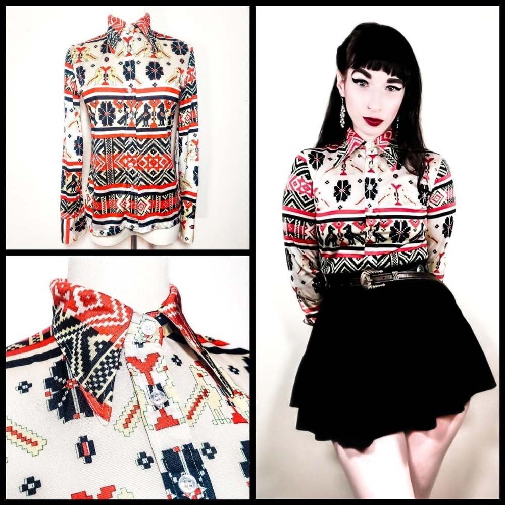 Vintage 1970s Western Dagger Butterfly Collar Southwestern Mod Disco Shirt